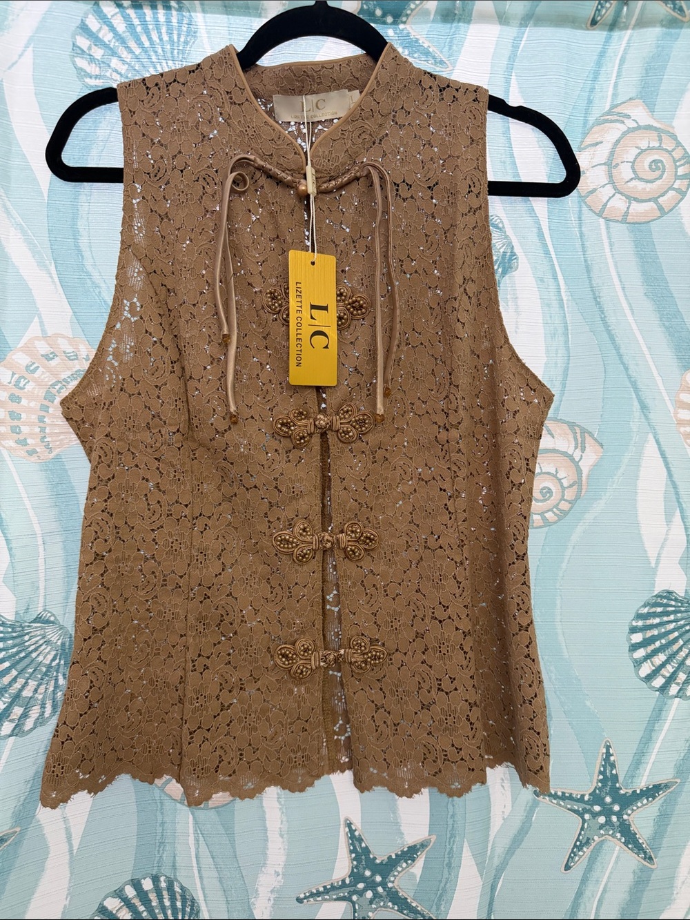 IC COLLECTION Brown Lace Mandarin-Collar Sleeveless Camisole